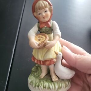 Hand-Painted Porcelain Girl Figurine with Goose - Yellow Dress